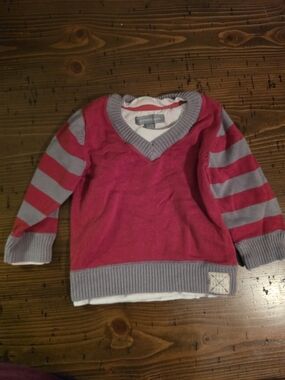 Pumpkin Patch Baby Red & Gray Stripe V-Neck Kids Sweater Size 6 To 12 Months